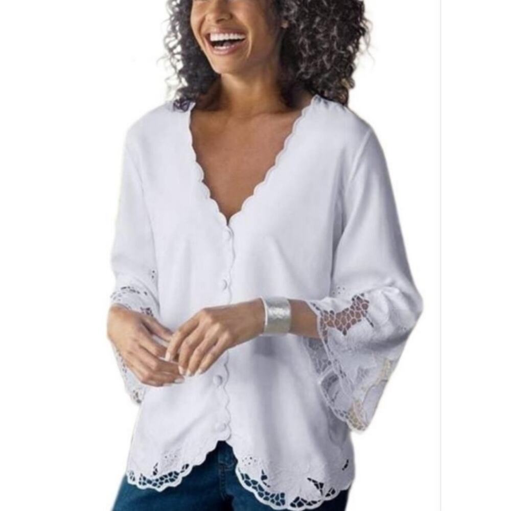 Soft Surroundings White lace bell sleeve blouse sz MEDIUM